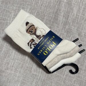 Polo Ralph Lauren Girls Socks 3 Pair Cream Winter Bear with Sled 4-6X NWT